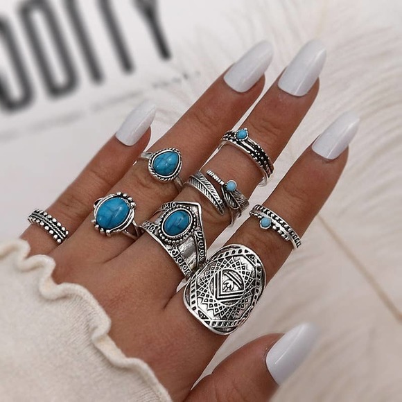 Nilcashopper Boutique Jewelry - Vintage Style Water Droplets Alloy Stuffed Turquoise Women Rings Set of 8 Pieces